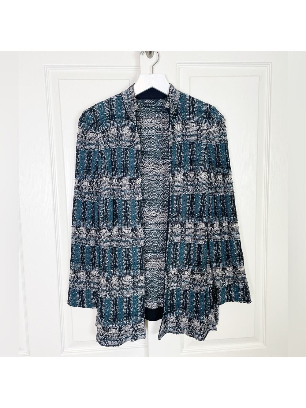 Misook Boucle Knit Jacket Teal Black Textured Cardigan Sz XS